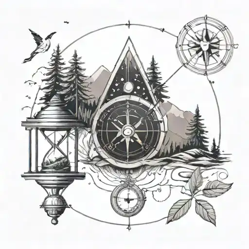 A small compass, and a very small geometric hourglass that’s connected and surrounded by nature, forests, mountains.  tattoo design idea