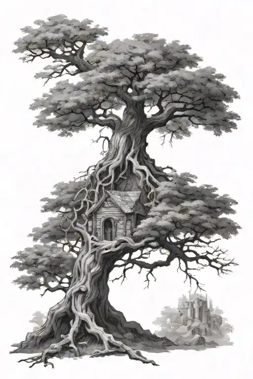 Malenia from the game ELDEN RING on the photo of a big tree in the dungeon tattoo design idea