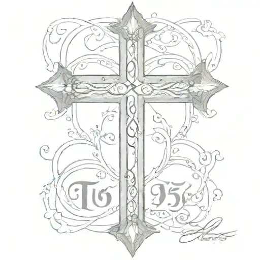 cross with a line wrapping around it with the date 5/25/2016 in Roman numerals with a bible verse underneath it tattoo design idea