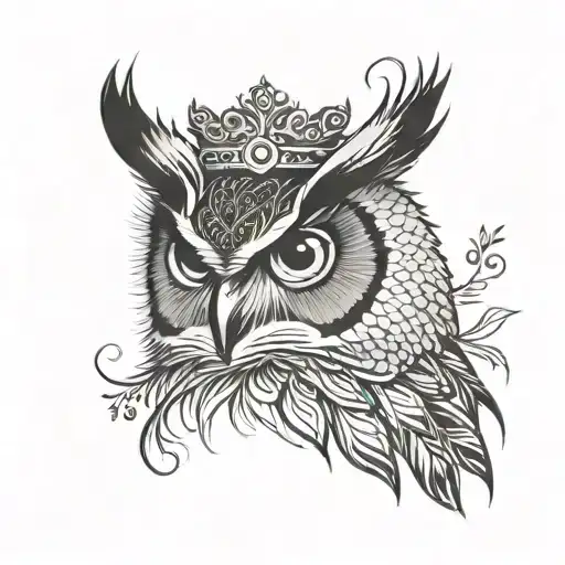 owl head with peacock feather crown held tattoo design idea