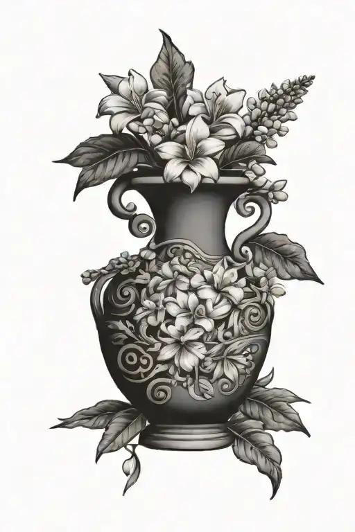 Greek vase with flowers in it (a lilac, a charcoal, a frangipani flower, lavender) tattoo design idea