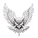 Create a tattoo that includes crows, owls, darkness, beautiful sky, magical pagan, Wiccan witchcraft spells, silence, ca tattoo design idea