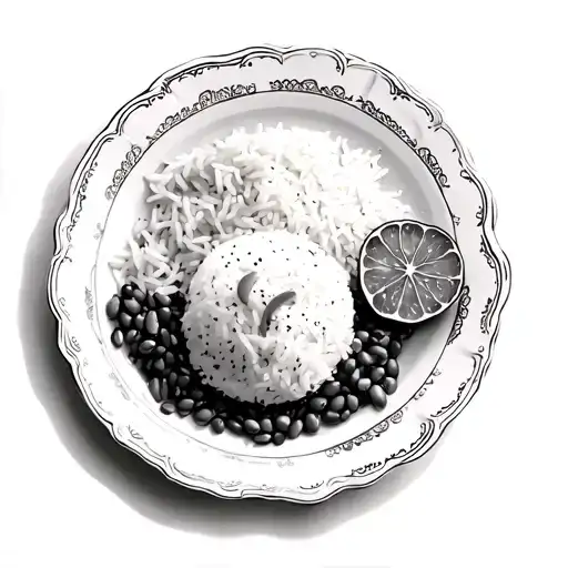 detailed, fine line traditional puerto rican rice, beans and tostones on a dinner plate black and white. tattoo design idea