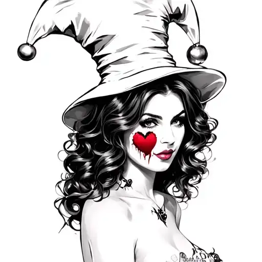 sexy woman with jester hat with shattered heart tattoo design idea