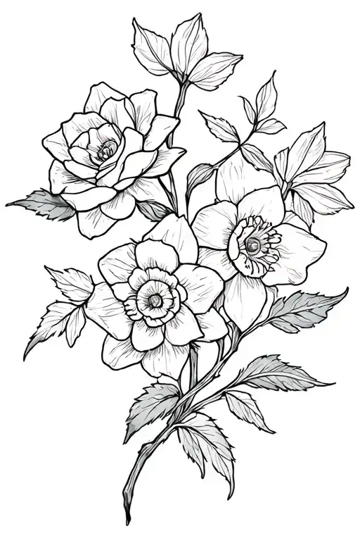 rose and daffodil flowers intertwined tattoo design idea