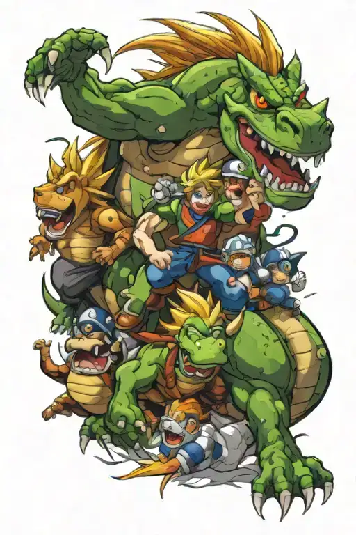 Mario, Luigi, Bowser, Full metal alchemist, Dragon Ball Z, Naruto, Link in a battle royale  tattoo design idea
