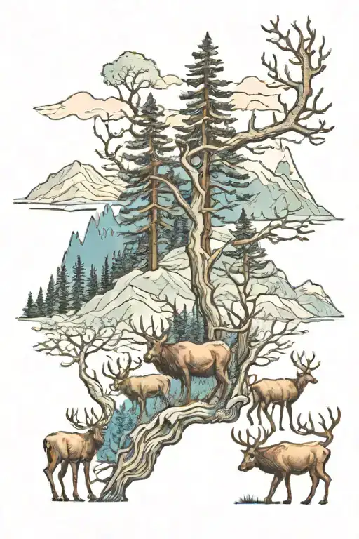 blue ridge mountains with trees, elk, bears, and deer tattoo design idea