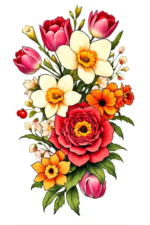 Floral half arm sleeve made up or cherry blossoms, daffodils, orange zinnias, red roses, and pink tulips tattoo design idea