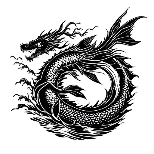carp swiming in a river turning jn a dragon in the end but the river looks like a bonsai tree tattoo design idea