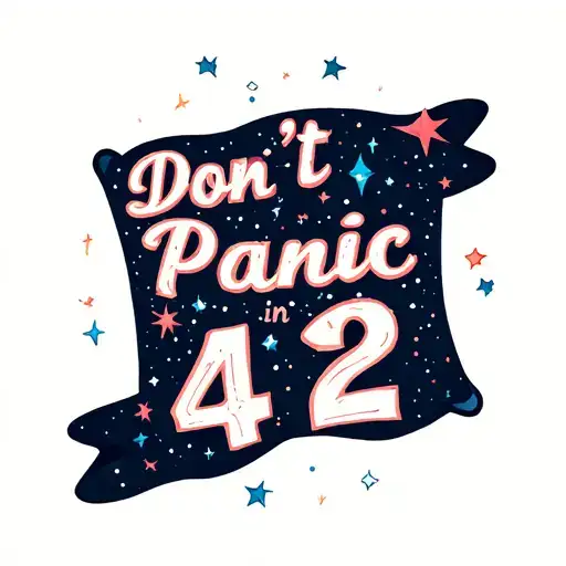 a tattoo inspired by hithikker's guide to the galaxy with the phrase don't panic in caps bold, a towel an the number 42, tattoo design idea