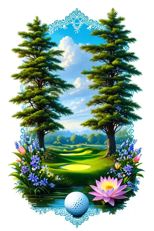 golf course landscape with golf ball rolling hills flowers pine trees water lily larkspur lace tattoo design idea