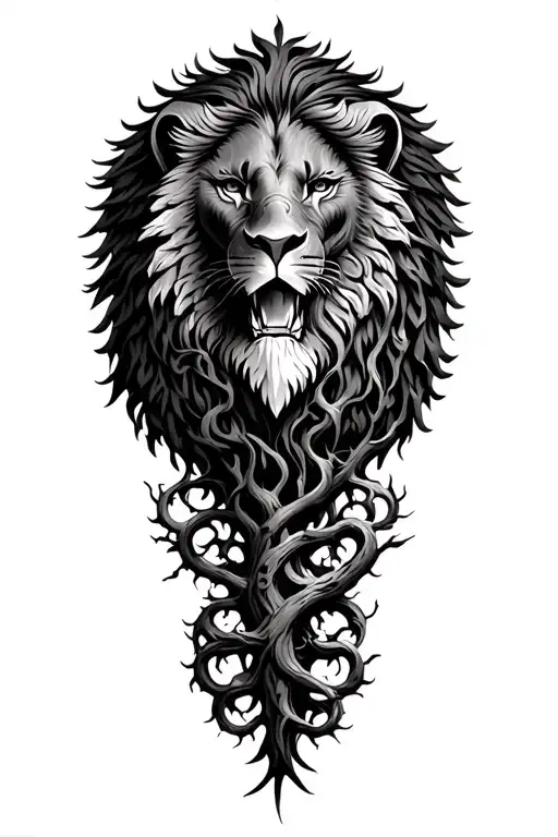 tree of life oak tree intertwined traces of lion head and balkan eagle flying  tattoo design idea