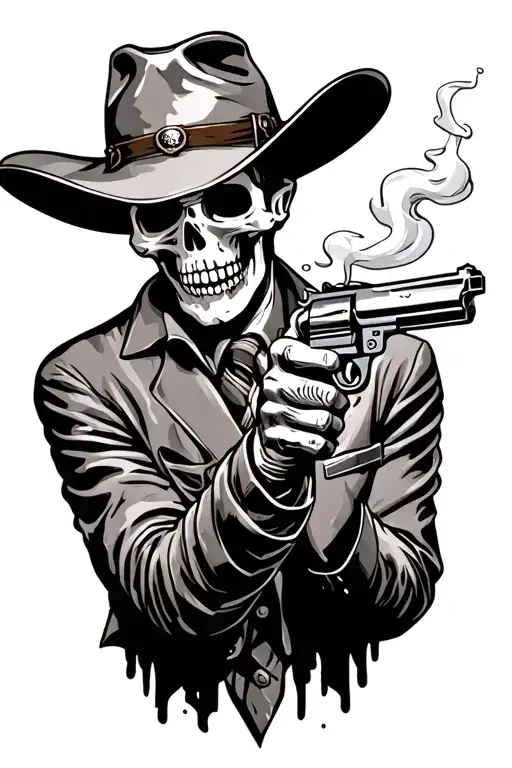 skeleton cowboy gunslinger holding revolver smoking gun and smoking looking outlaw tattoo design idea
