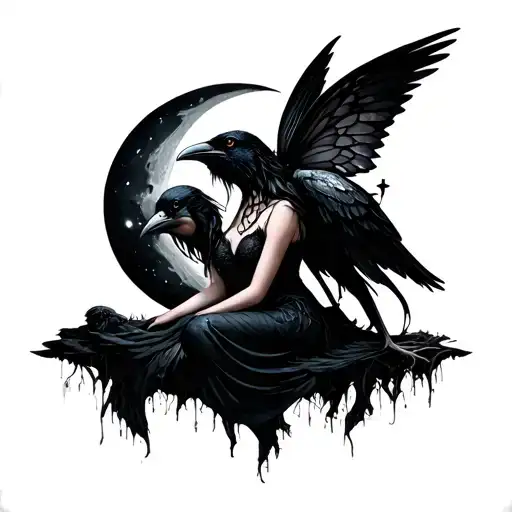 Moon with a raven and Gothic fairy sitting tattoo design idea