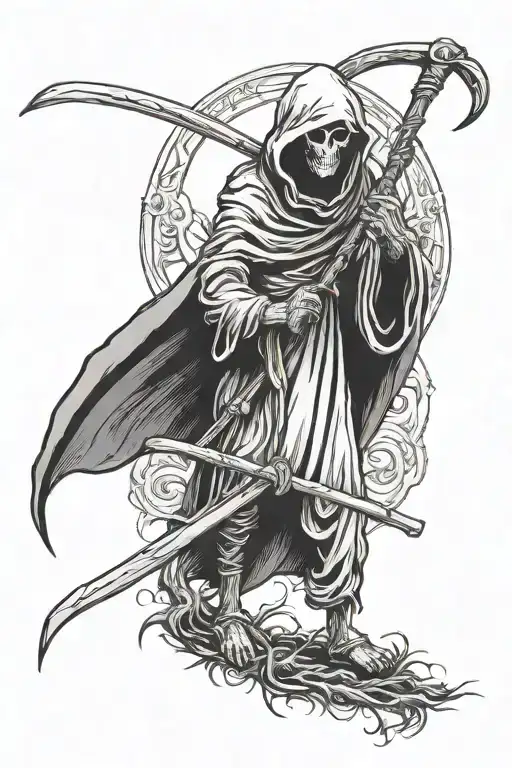 hooded reaper silohuette holding scythe  tattoo design idea