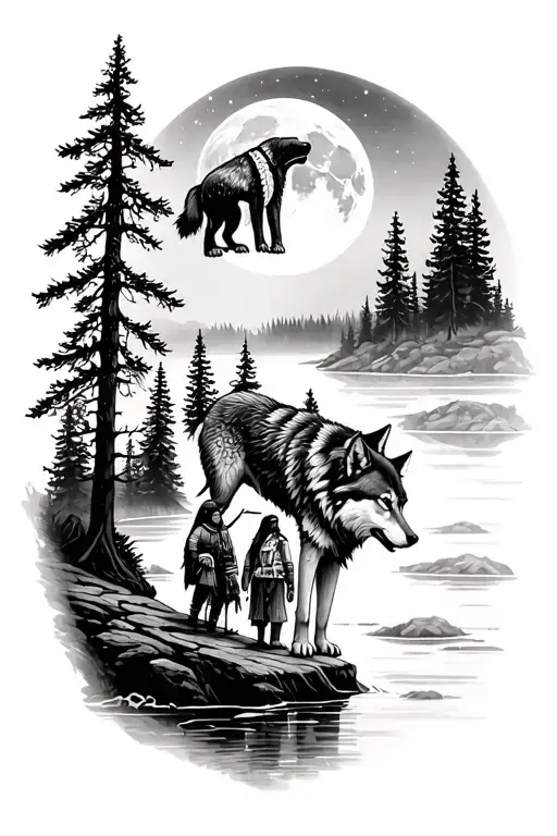 a wolf on a ledge howling at the moon above an American Indian on the edge of a river and trees tattoo design idea