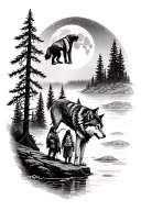 a wolf on a ledge howling at the moon above an American Indian on the edge of a river and trees tattoo design idea