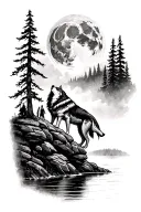 a wolf on a ledge howling at the moon above an American Indian on the edge of a river and trees tattoo design idea