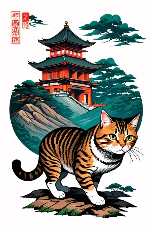 A striped cat walking along the mountain Taishan, at the top of which stands a Chinese temple, at the foot of t tattoo design idea
