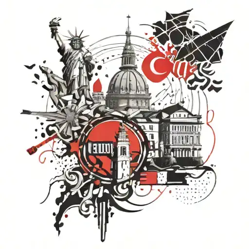 Design a tattoo that combines Naples (Italy)landmarks with symbols of human rights activism, using dotwork style tattoo design idea