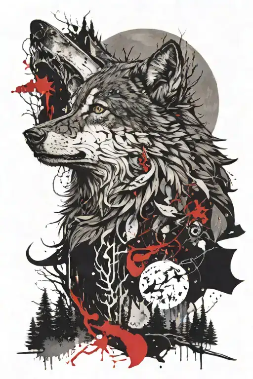 Portrait of a wolf howling at the moon, below a forest, a river, a rook with Vikings tattoo design idea