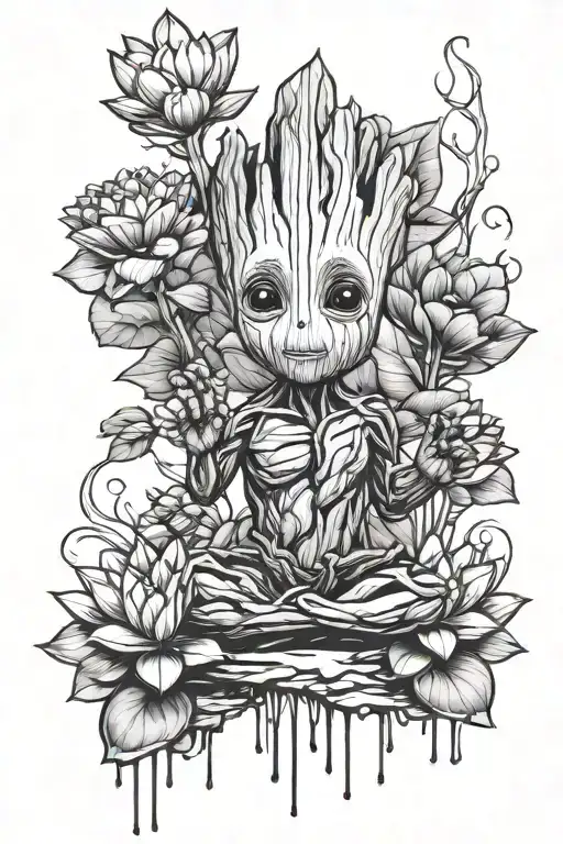 baby groot and lotus flower tattoo design idea