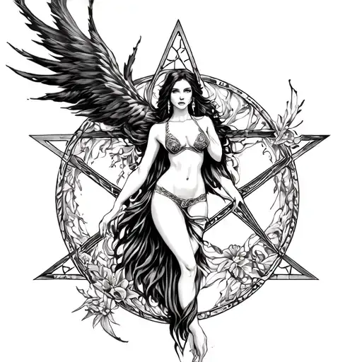 sexy pagan goddess surrounded by a pentagram tattoo design idea