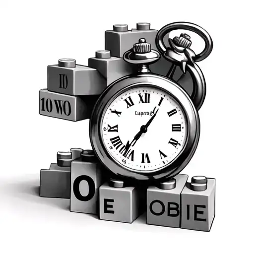 lego blocks stacked with the name OBIE, a pocket watch with the time twenty past six, a script with. 10/05/2024  tattoo design idea