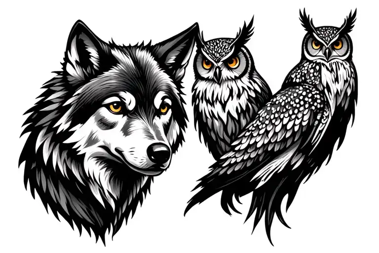 forest, wild animals, wolf and owls tattoo design idea