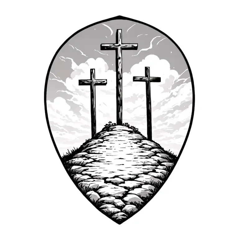 3 crosses on a hill with empty tomb stone tattoo design idea