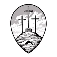 3 crosses on a hill with empty tomb stone tattoo design idea