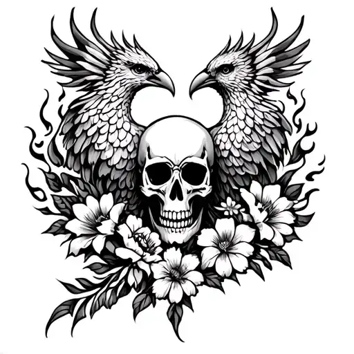skulls, Phoenix bird, flames flowers tattoo design idea