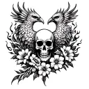 skulls, Phoenix bird, flames flowers tattoo design idea