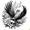 skulls, Phoenix bird, flames flowers tattoo design idea