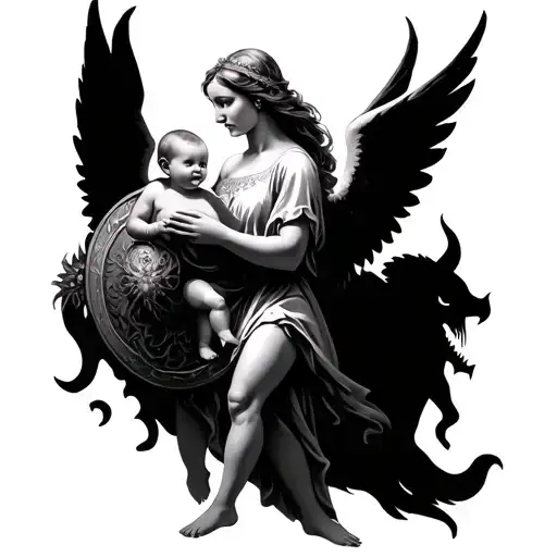 female angel, holding a baby, using her wings as a shield to protect the baby against the devils demons tattoo design idea