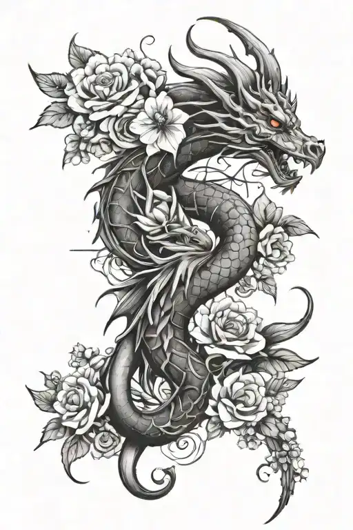 feminine gothic dragon spine tattoo design featuring flowers tattoo design idea