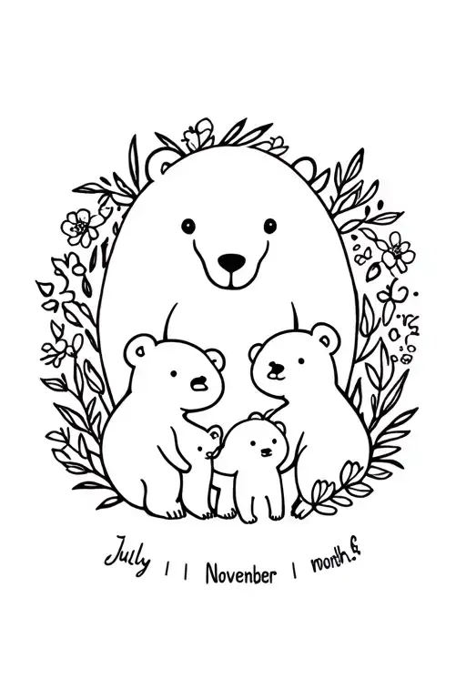 mama bear and 2 baby bears with birth month flowers for July and November  around them  tattoo design idea