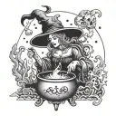 A witch brewing a potion in a cauldron, surrounded by mystical Nordic symbols tattoo design idea
