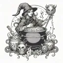 A witch brewing a potion in a cauldron, surrounded by mystical Nordic symbols tattoo design idea