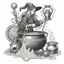 A witch brewing a potion in a cauldron, surrounded by mystical Nordic symbols tattoo design idea