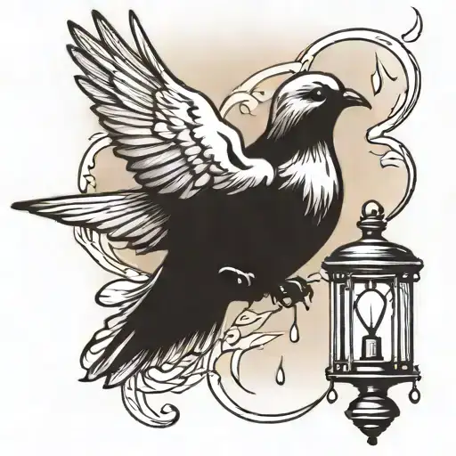 a rainy night where a street is lighten by a street light with a dove flying with a locket in its mouth tattoo design idea