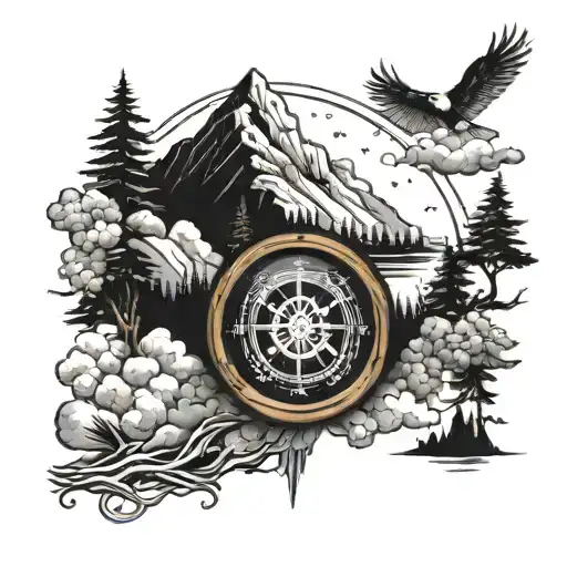 treeline chest with nordic compass  birds clouds and mountains  tattoo design idea