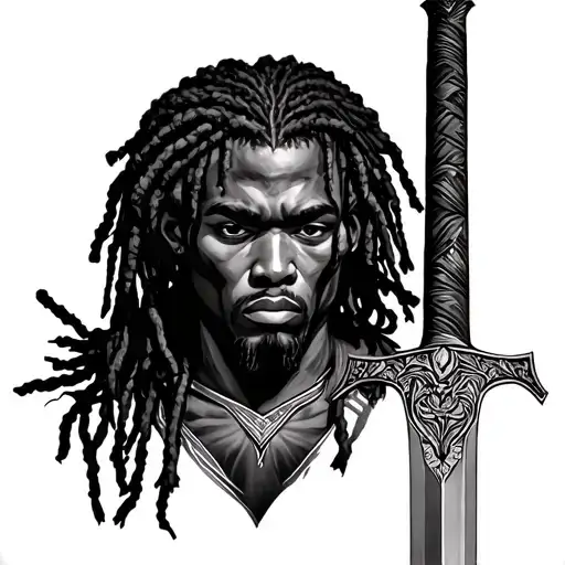 light skin African Warrior with locs and a sword tattoo design idea