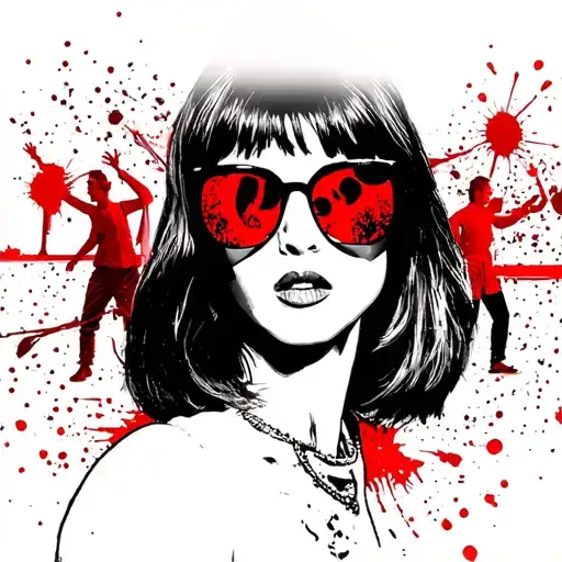 Mia Wallace from pulp fiction with sunglasses with people dancing in the reflection of the sunglasses  tattoo design idea