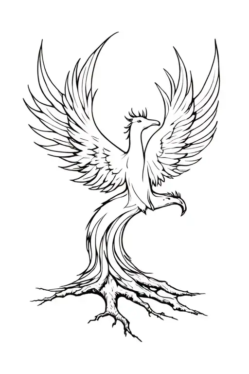 Phoenix rising from a tree tattoo design idea
