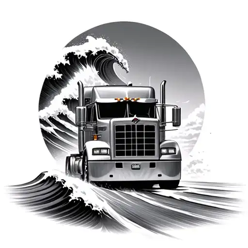 ocean waves and 18 wheeler driving tattoo design idea