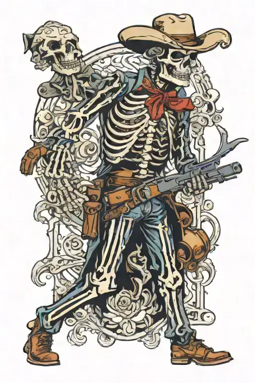full body skeleton western gun slinger with a mustache tattoo design idea