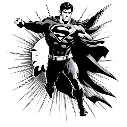 Flying Superman Silhouette in Front of the Sun with beams of sunlight and cape flowing inspired from man of steel movie tattoo design idea