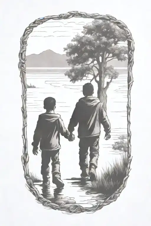 siloutte of an older brother and younger brother walking away hand in hand tattoo design idea