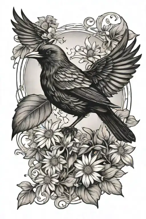 blackbird on vine of daisies  with music notes and sunshine tattoo design idea